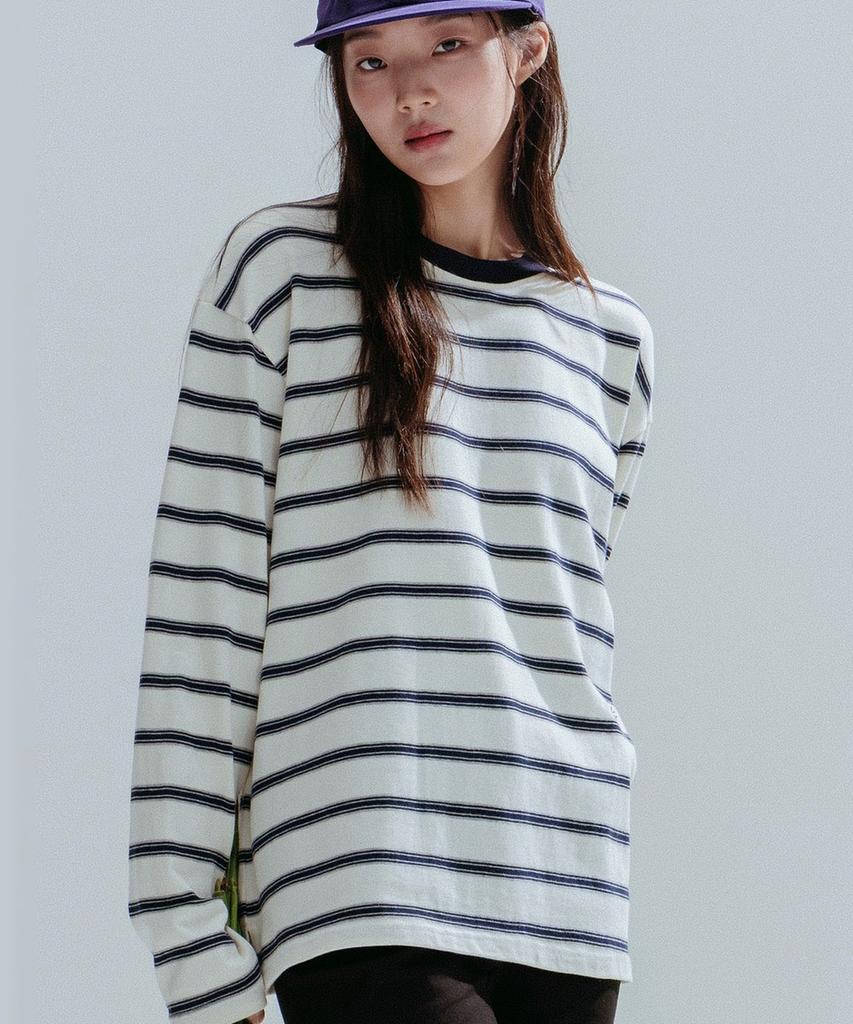 ANNEHEARTS Round Neck Stripe Tee_Ivory