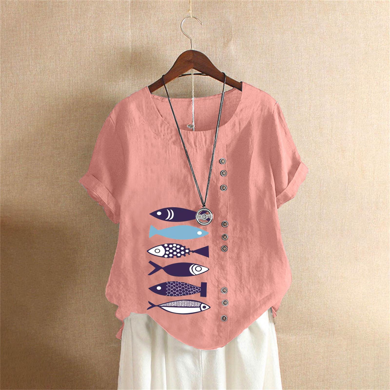 Летняя оверсайз хлопково-льняная футболка с коротким рукавом, Хлопково-льняная печатная оверсайз женская одежда S розовый