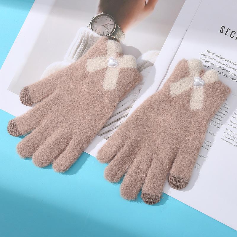 [Solid color elegance] 2025 new knitted thermal gloves women's winter cute bow touch screen five fingers