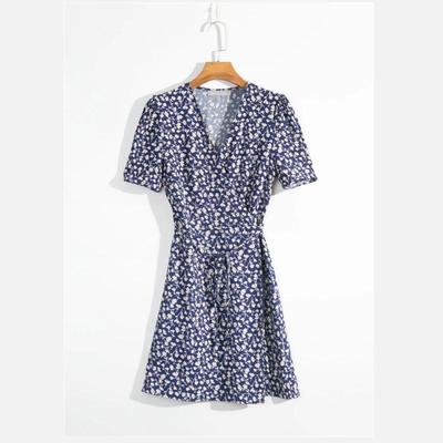 YPFF Summer V-Neck Tie-Waist Wrap Dress: Elegant Print Short Sleeve Skirt