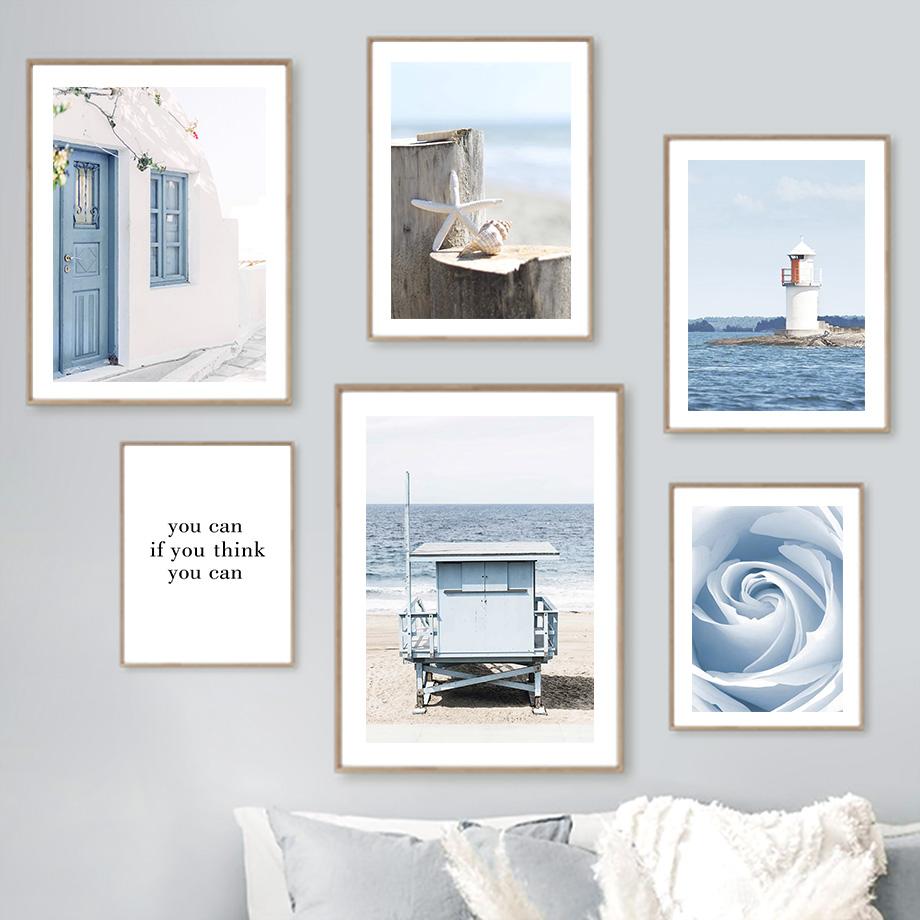 Blue Rose Ocean Beach Bike Starfish Lighthouse Posters And Prints Wall Art Canvas Painting For Living Room Decorative Pictures