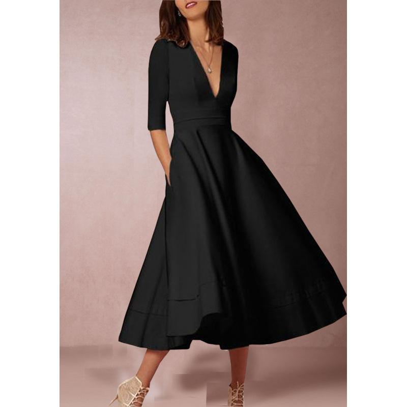 Popular Deep Mid-sleeved High-end Dress Medium and Long Dress New Autumn and Winter Sexy