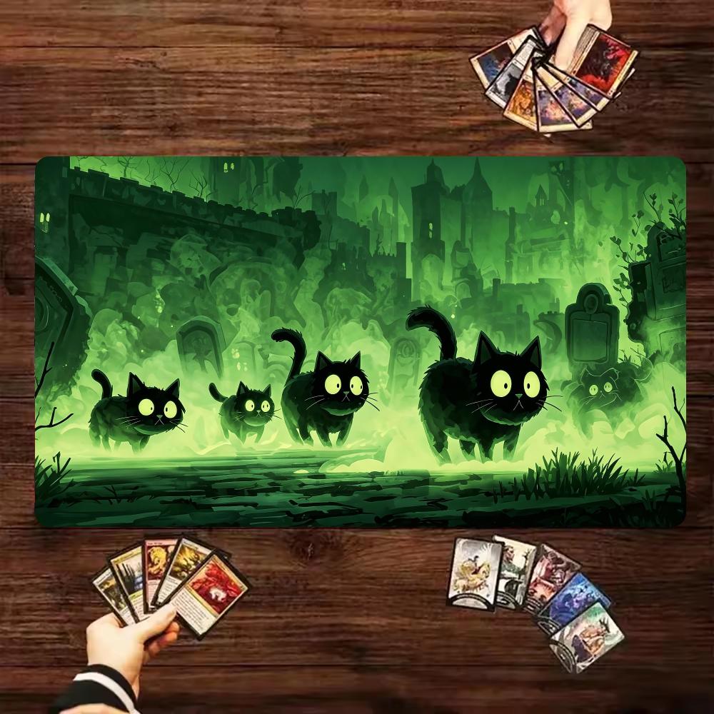 Spooky Graveyard Black Cats TCG Playmat 600x350 Green Castle Game Mat Non‑Slip Rubber Desk Pad for MTG DND CCG Trading Card Game
