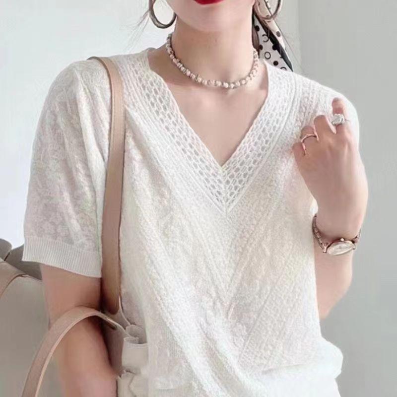 European Design Sense V-neck Knitted T-shirt Women's 1116 Spring and Summer New Versatile Loose Fashion Thin Short-sleeved Knitted Sweater