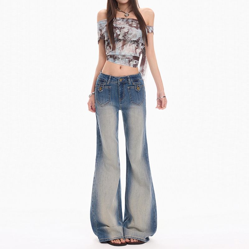 Spring Summer Hand Sand Enzyme Wash Stretch Blue Slim Micro Flare Denim Pants For Women Casual Pants Oversize Denim Trousers