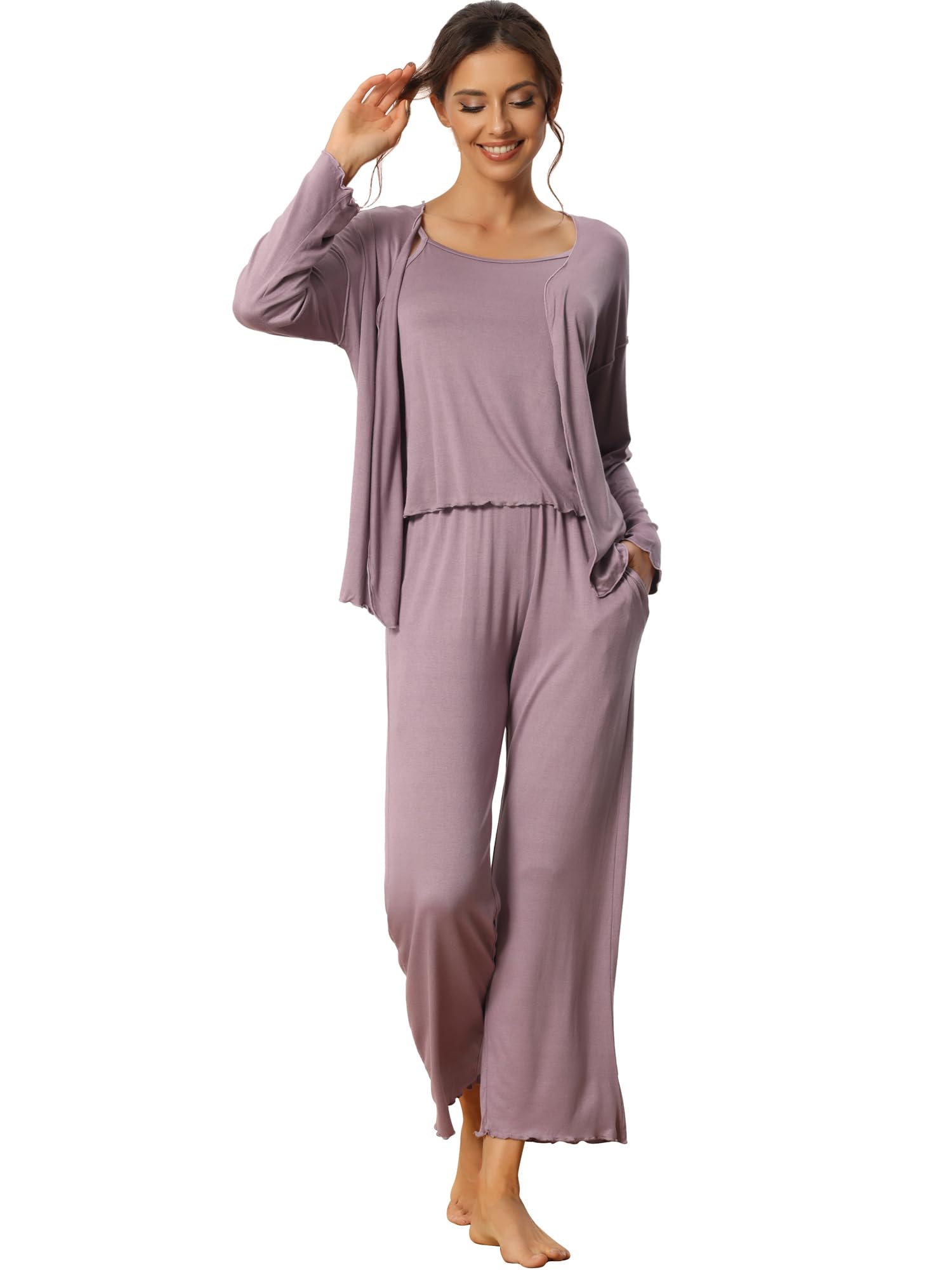 

Cheibear Pajama Solid Long Sleeve Cami and XL Women s 3-Piece Set, Soft, Color, Top, Skin-Friendly Pants, Purple, фиолетовый
