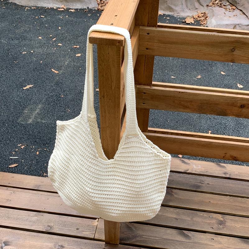 Korean Style Polyester Knit Tote Bag for Women Woven Shoulder Beach Purse
