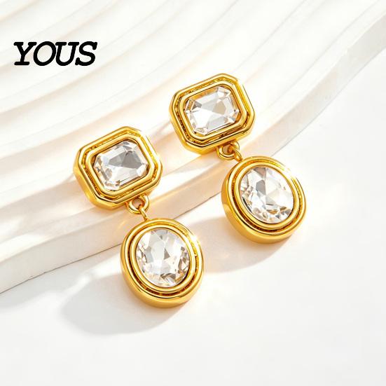 Non Tarnish Stainless Steel Jewelry 1 Pair Faux Crystal Geometric Dangle Earrings for Women, Hypoallergenic Ear Needles Sensitive Ears Gold