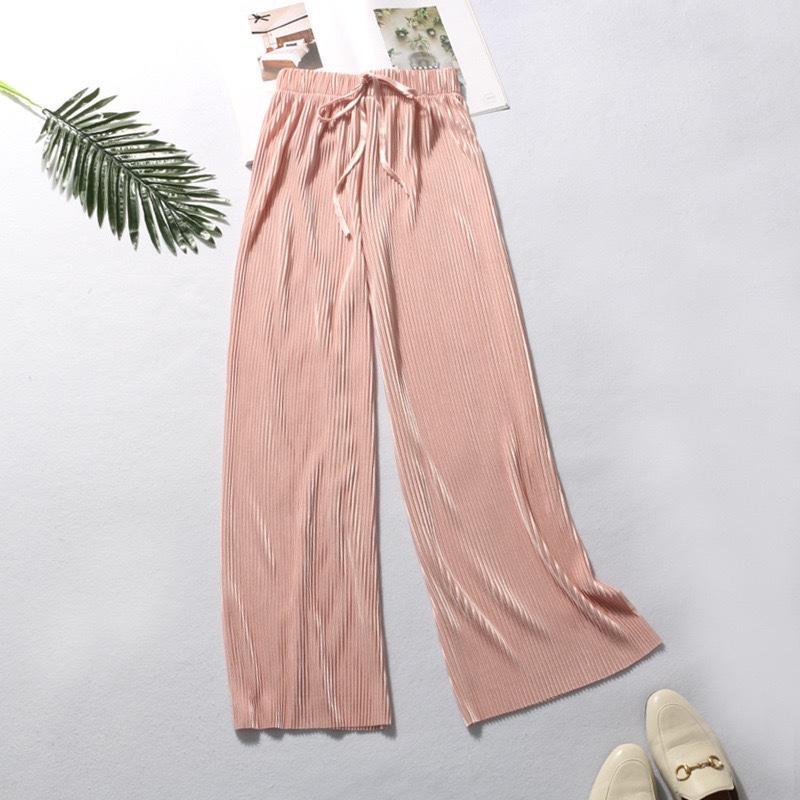Women Fashion Summer Wide Leg Pants Pleated Ice Silk Trousers Elastic Waist Loose Casual Pants
