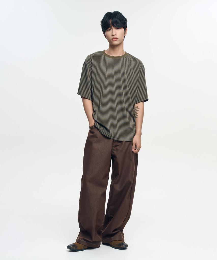 SLOW RECORD HOUSE Striped Short Sleeve T-Shirt_Khaki
