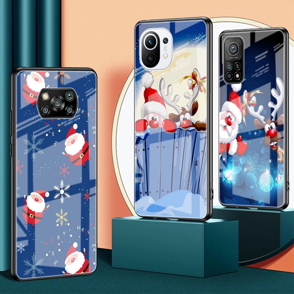 Glass Case For Xiaomi Poco X3 NFC 11 Lite 11T F3 M3 For Redmi Note 11 10 9 8 Pro 10S 9S 9A 9C Phone Cover Cartoon Christmas