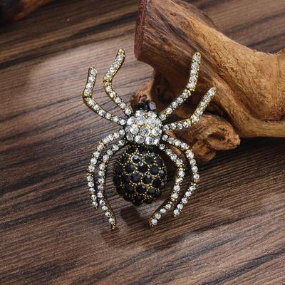 Broșă Păianjen Diamant Negru Vintage: Corsaj Metalic cu Strasuri pentru Halloween
