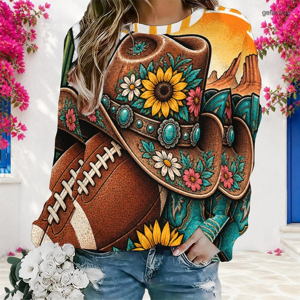 Women Plus Size Round Neck Long Sleeve Cowboy Hat Football Sunflower Print Sweatshirt Ribbed Cuffs Pullover