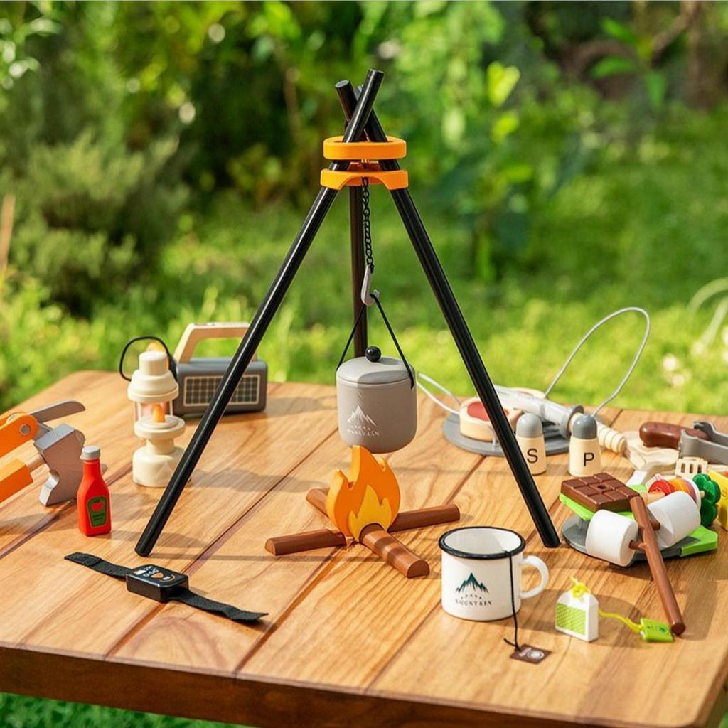 Lagerfeuer Spielset Holz Spielzeug Grillset für Kleinkinder, Spielzimmer, Kindergarten