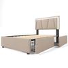 Upholstered Bed with LED Lighting and 2 Drawers, Height-Adjustable Headboard, Single 90x200cm Bed Frame, Slatted Base, Beige (Without Mattress)
