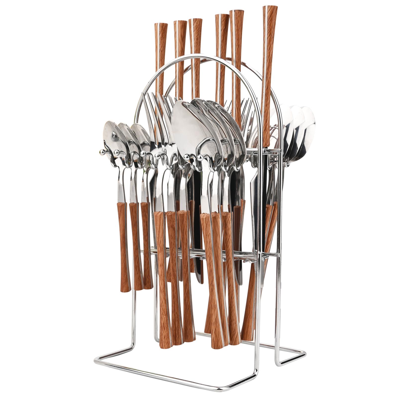 

24 шт., столовые приборы с мраморной деревянной ручкой и подставкой, кухонный набор посуды из нержавеющей стали, стеллаж для хранения, набор посуды серебряный/коричневый