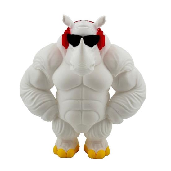 

Funny Rhinoceros Desktop Statue 3D Printed Muscle Animal Figurine with Sunglasses And Headphones Novelty Cool Rhinoceros Ornament for Home Decor белый