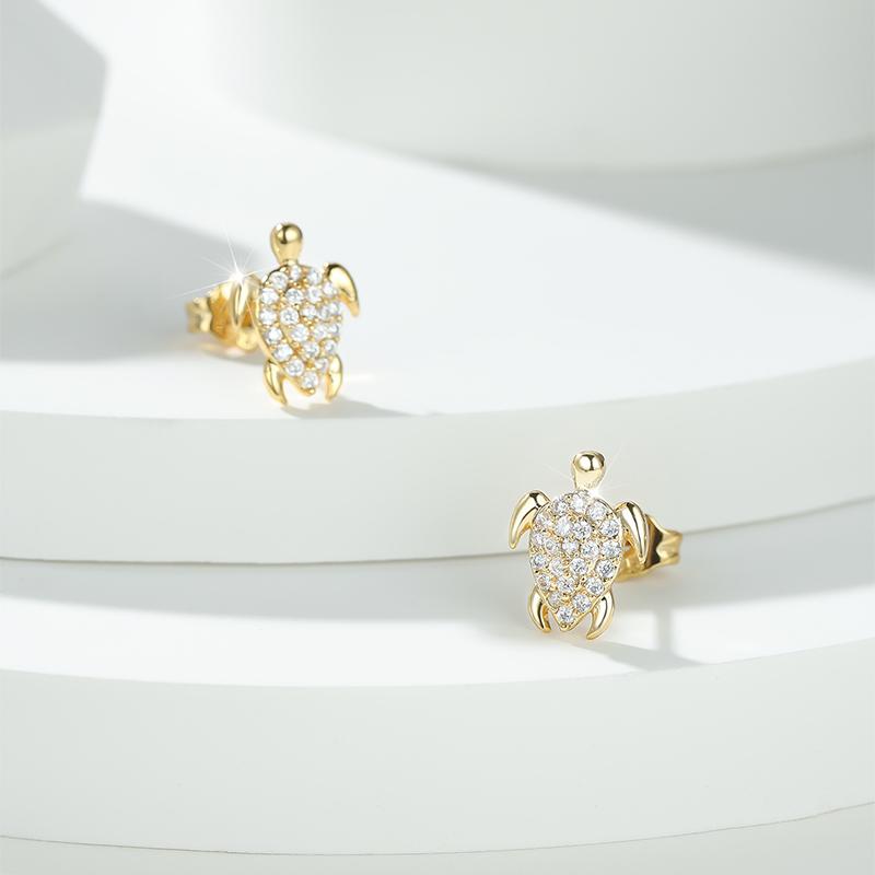 Female Cute Sea Turtle White Crystal Small Stud Earrings Vintage Yellow Gold Color Wedding Fashion Jewelry For Women
