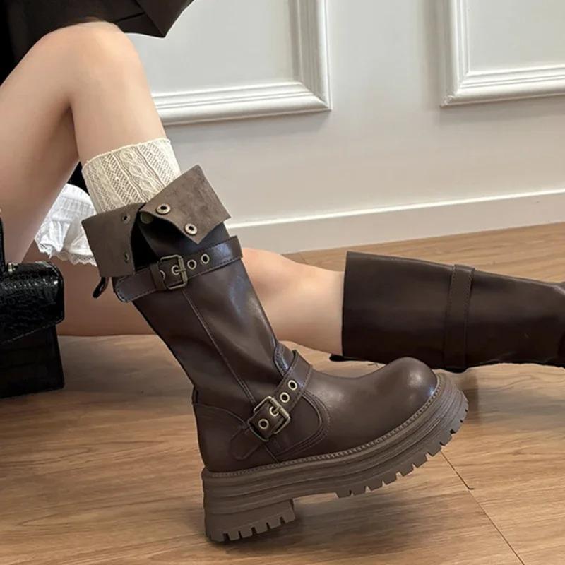 Winter Platform Women Thigh High Boots Fashion Belt Buckle Long Booties Vintage Square Low Heels Ladies Shoes