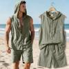 Men's New Summer 2pcs Set, Top: Hooded Sleeveless Button-Up Shirt + Bottom: Loose Drawstring Shorts, Casual Sportswear Set