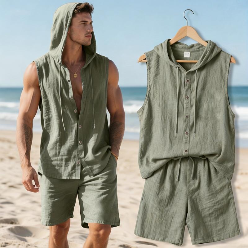 Men's New Summer 2pcs Set, Top: Hooded Sleeveless Button-Up Shirt + Bottom: Loose Drawstring Shorts, Casual Sportswear Set