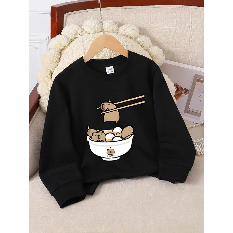 European sizes Girls' Crewneck Sweatshirt - Cute Bear Ramen Bowl Pattern, Sportswear And Casual Wear, Soft And Comfortable