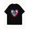 Black Oversized T Shirt With Colorful Paw Print Heart And Ecg Design For Casual Wear And Pet Lover Outfits