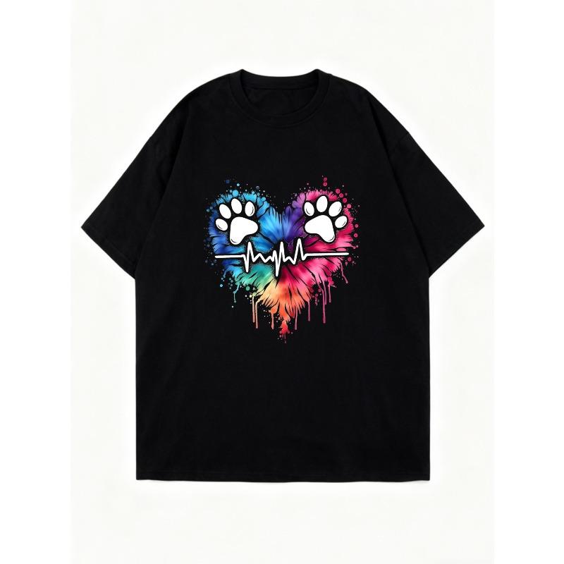 Black Oversized T Shirt With Colorful Paw Print Heart And Ecg Design For Casual Wear And Pet Lover Outfits