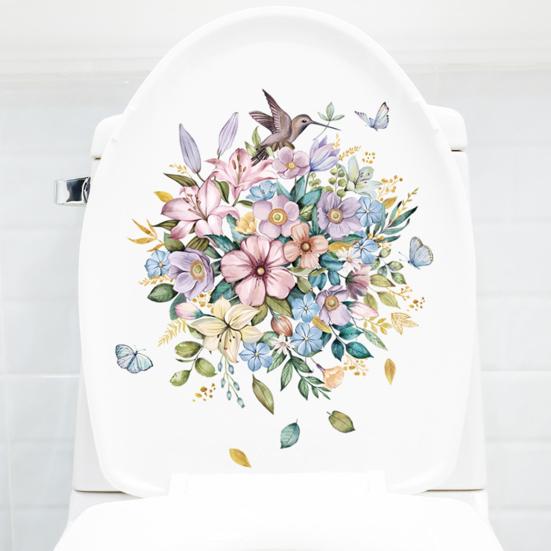 1 Set Toilet Sticker Flower Pattern Wall Decal Removable Self-adhesive Toilet Lid Sticker for Home Bathroom