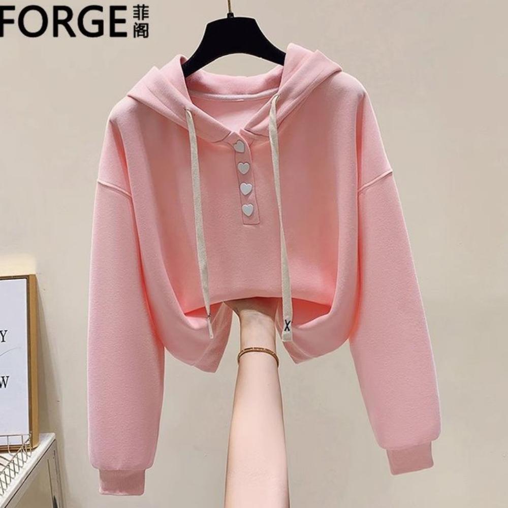 Hooded Long Sleeved Hoodie for Women New Korean Version Short Style Loose Solid Color Versatile Fashionable Niche Top Trend