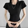 Dynamic Girl's New Summer Style Round Neck Rasp-sleeved Stretch Short-sleeved Solid Color Top