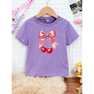 Purple Children's Short Sleeved T-shirt, Sweet Pink Bow+cherry Print, Girl Style Design, Summer Round Neck Girl's Top