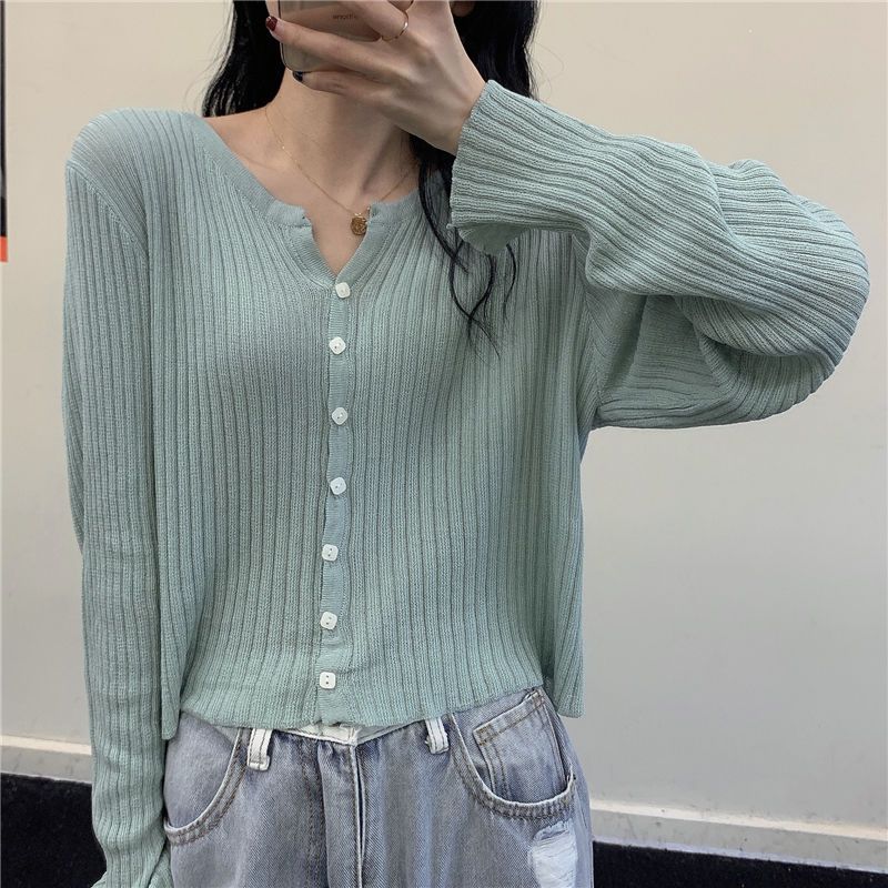 Women's Thin Knit Top Cardigan for Outer Wear Spring Long Sleeve Retro Loose V-neck Outer Coat Ins Style