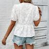 Women Shirt Round Neck Puff Short Sleeve Casual Shirt Solid Color Loose Fit Embroidery