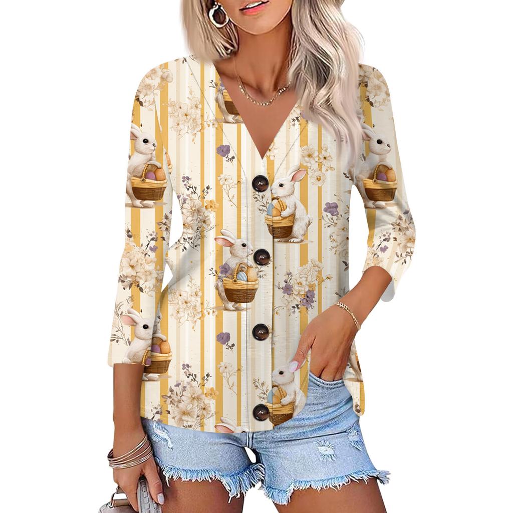 Women's Fashion Casual Print Button-down Shirt 3/4 Sleeve Tops