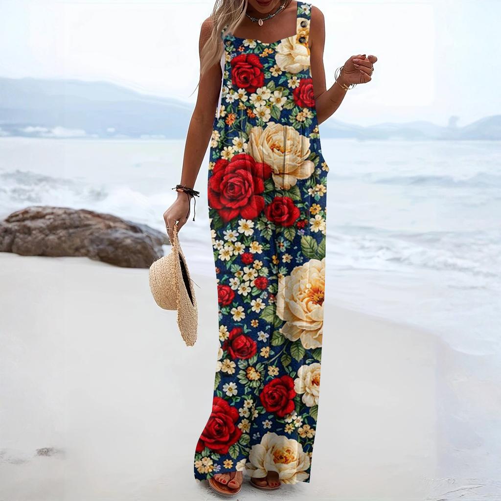 Combinaison Pantalon Femme Mode Décontractée Poches Latérales Combinaison à Imprimé Floral