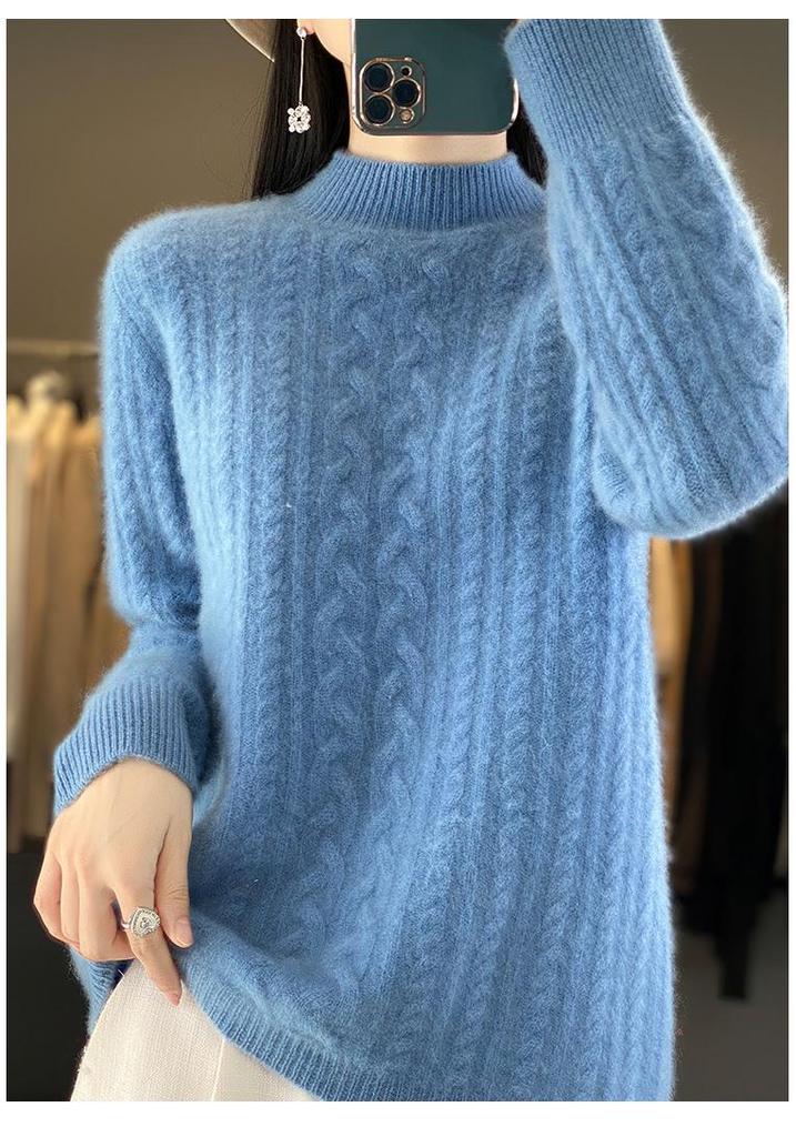 Autumn/Winter 2025 Women's High Neck Pure Wool Cable Knit Slimming Long Sleeve Top