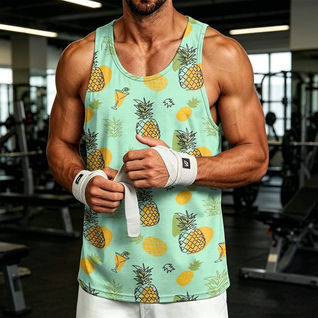 Men's Casual Hawaiian Print Outdoor Sports Tank Top Sleeveless Round Neck Summer Beachwear Lightweight Breathable Fabric