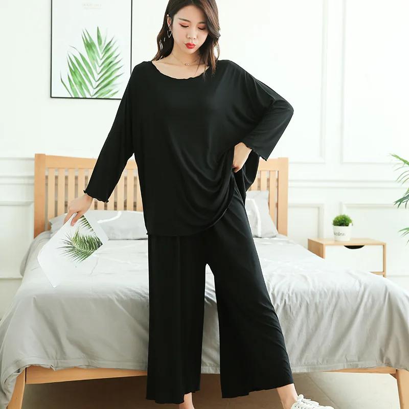 Home Suits Women Autumn New Loose Long-sleeved Pajamas Two-piece Set Nine-point Wide Leg Pants Pijama Sleepwear Femme
