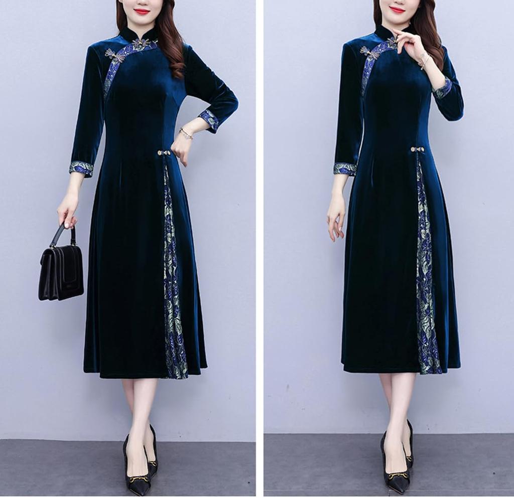 NEZIH Long Sleeve Flared Plus Size Size Dress, Autumn/Winter, High-Waisted, Chinese-Style Dress, Docking, Feminine, Beautiful, (Blue, 6)