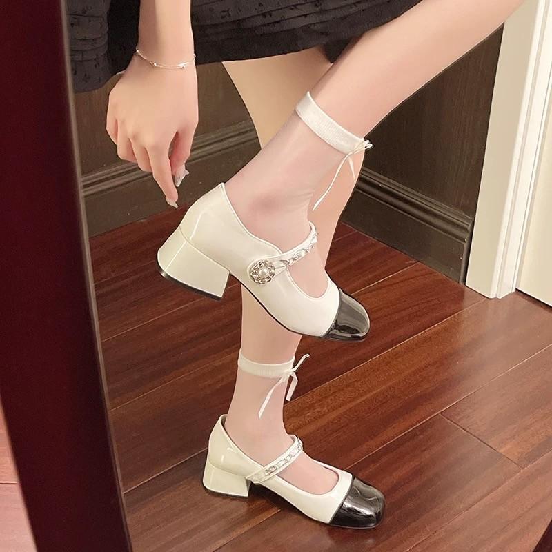 Half Curved Small Fragrant Style Retro Mary Jane Shoes Women French High Heels Fairy Style Small Leather Shoes Pearl Thick Heel Single Shoes Women