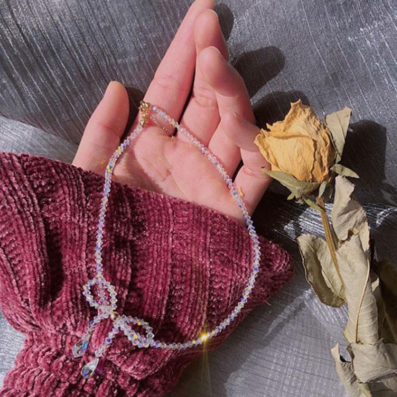 Vintage Big Bow Transparent Crystal Trendy Necklace Pearl Bead Choker Personality Elegant Sweet Short Chain Party Jewelry