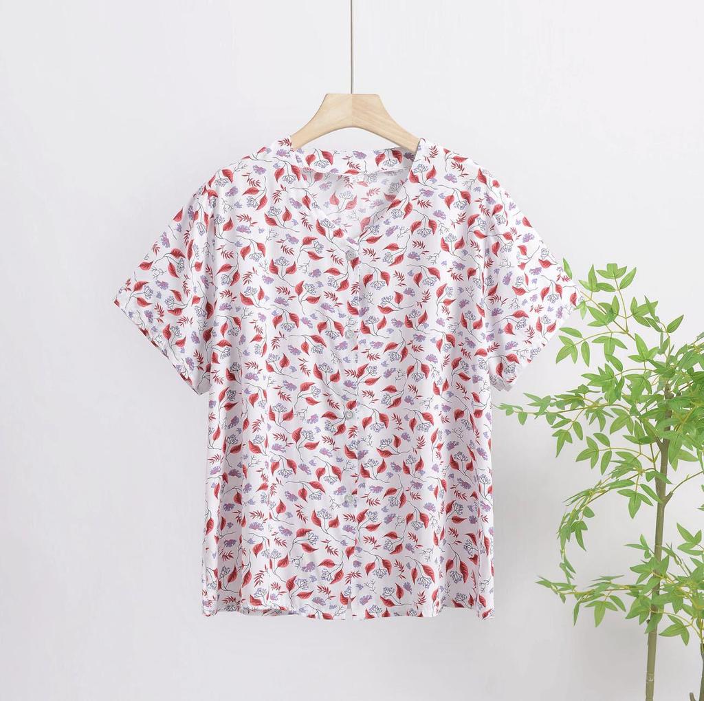 2025 Summer Floral Print V-Neck Button Short Sleeve Loose T-Shirt