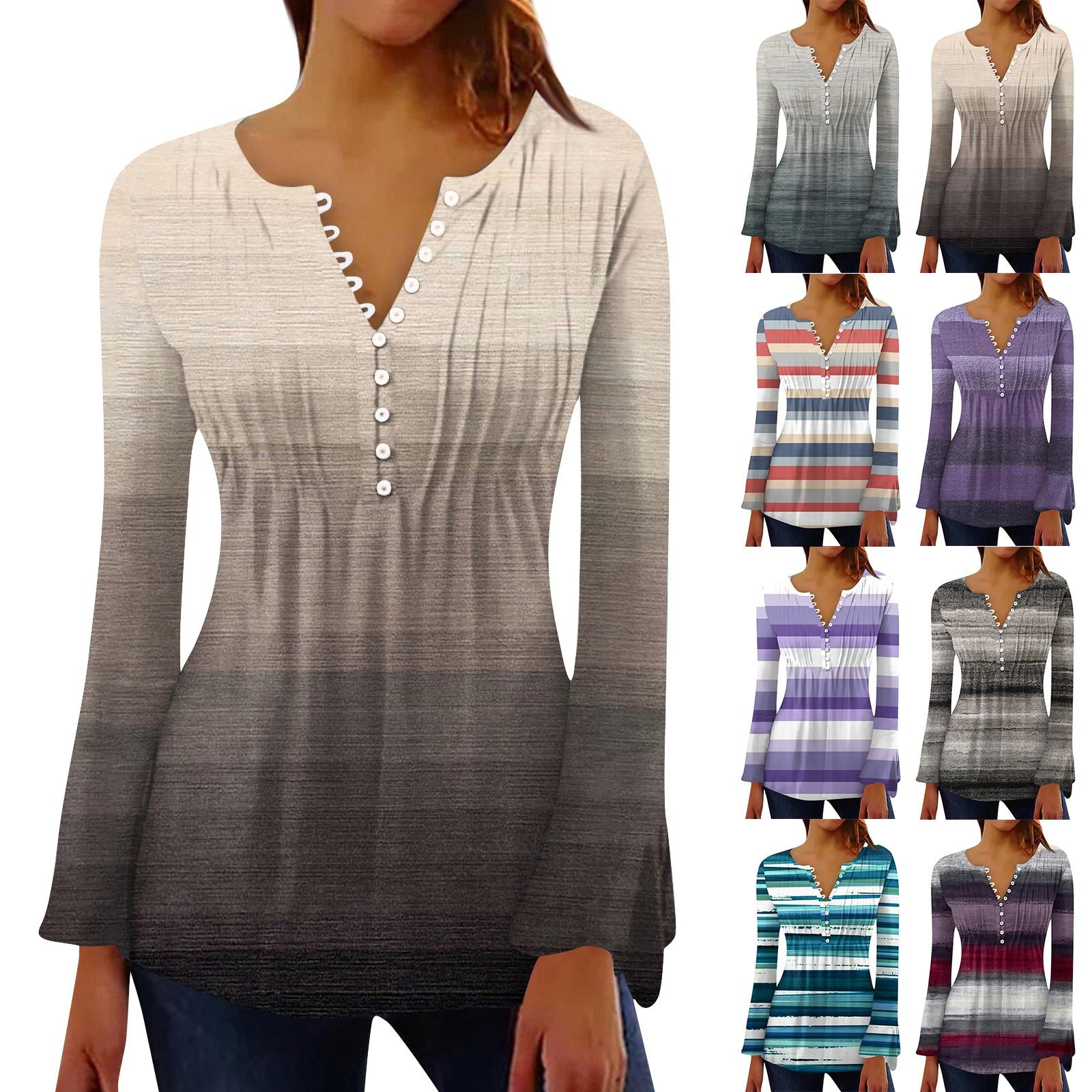 

Women s Fashion Striped Printed V-Neck Long Flared Sleeve Pleated Button T-Shirt Top XXXL