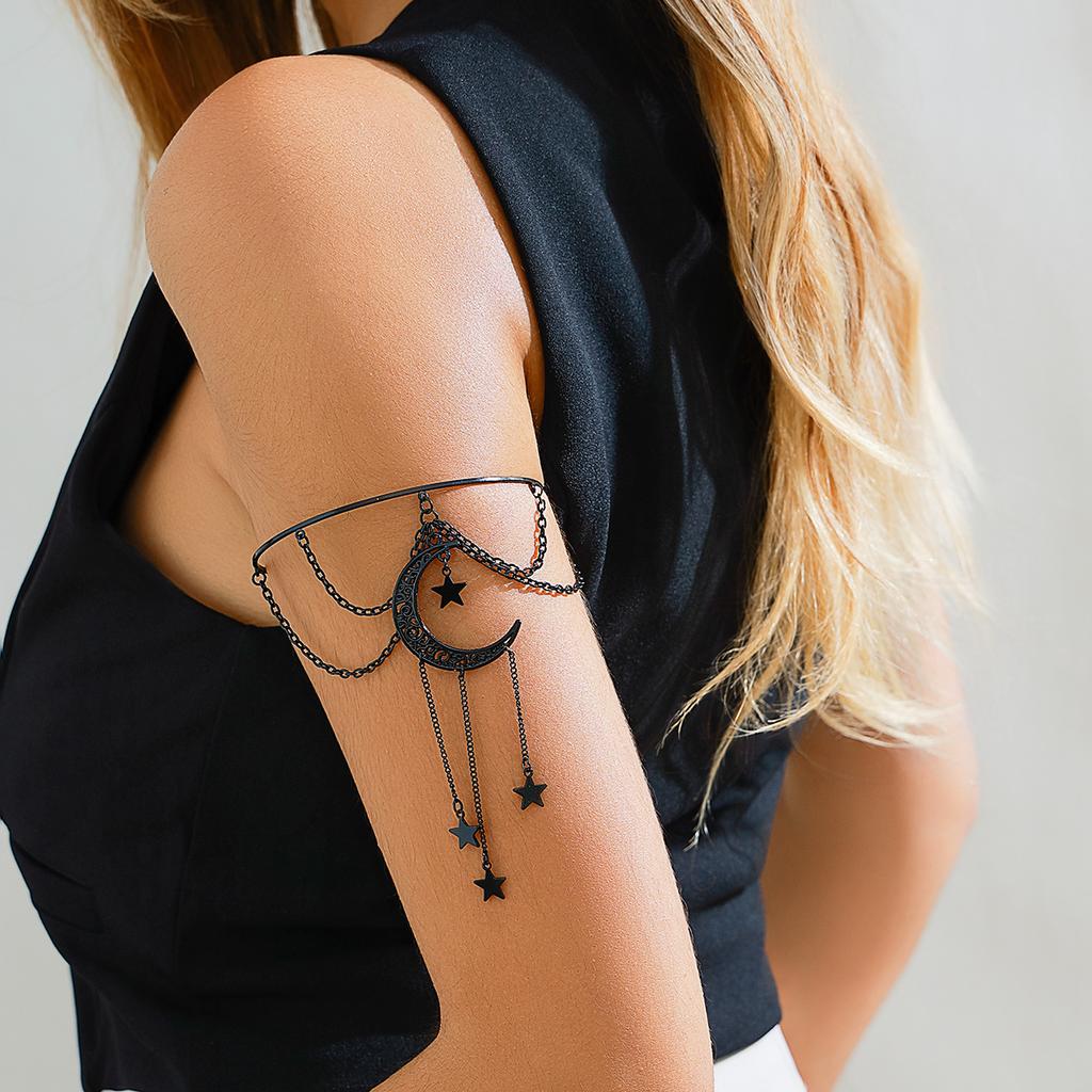 Gothic Hollow Moon Star Pendant Upper Arm Bracelet Punk Black Metal Tassel Open Arm Bracelet Women's Hip Hop Bangle Jewelry