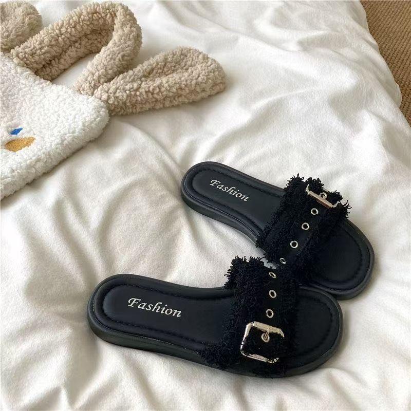 Slippers Women's Summer Outer Wear Women's Slippers Outer Wear 2025 French Small Fragrant Wind Flat Bottom Fashion Rhinestone Seaside Cool Slippers