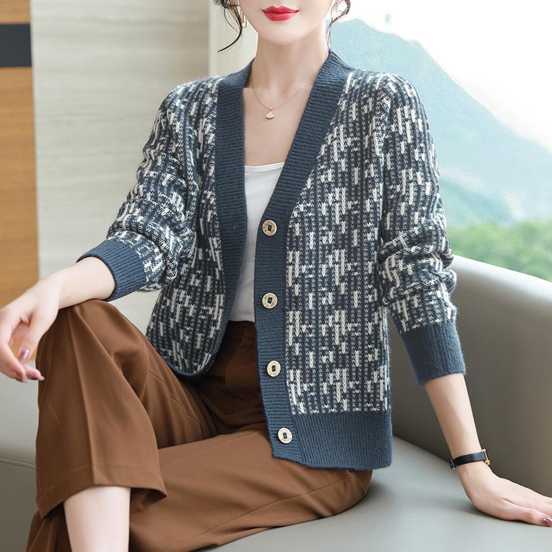 Gestrickte Strickjacke Damen kurz neu gestreift V-Ausschnitt kleiner Pullover Jacke Herbst und Winter