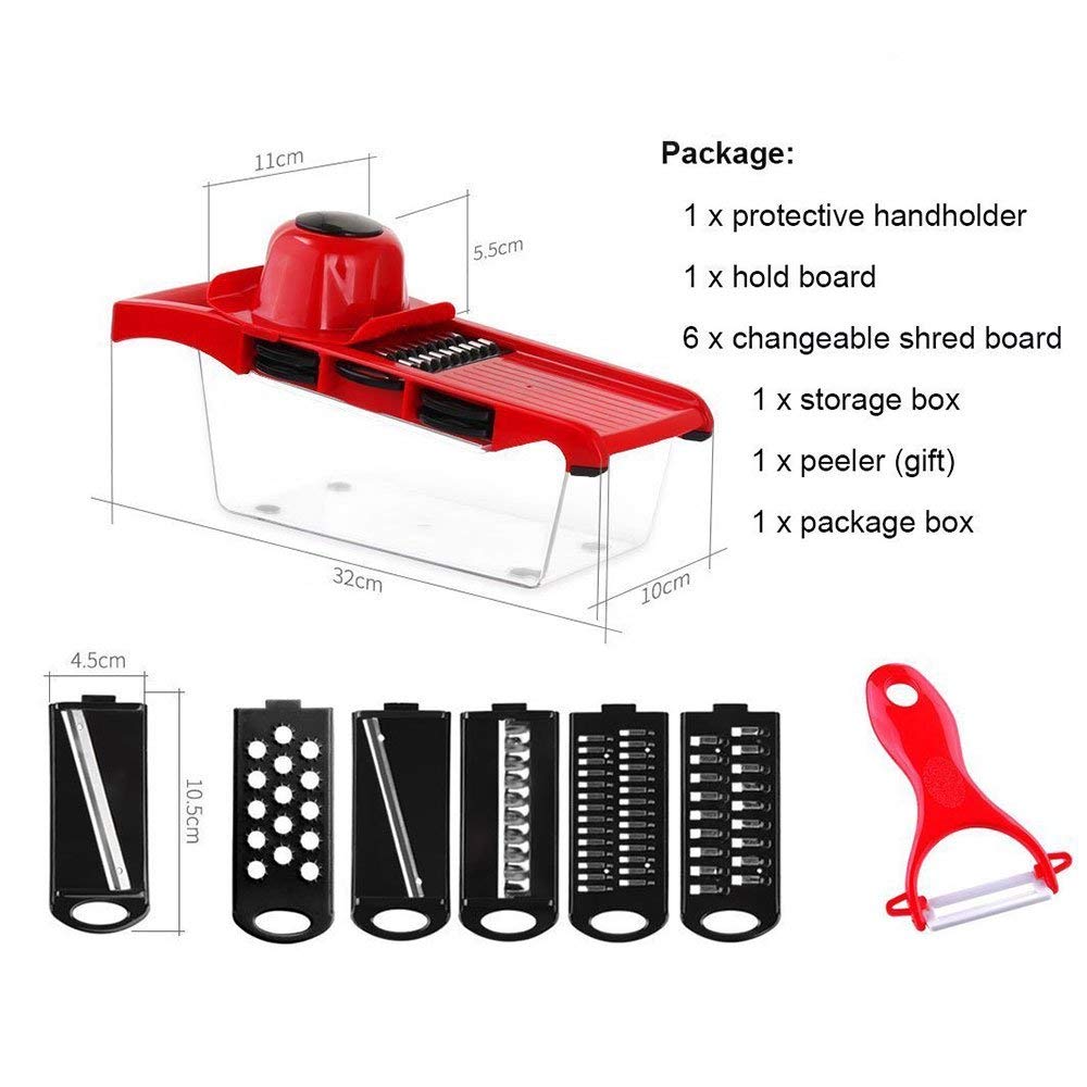 Mandoline multifonction 6 en 1 avec récipient, hachoir à oignons, coupe-légumes, râpe à salade, trancheuse JT29