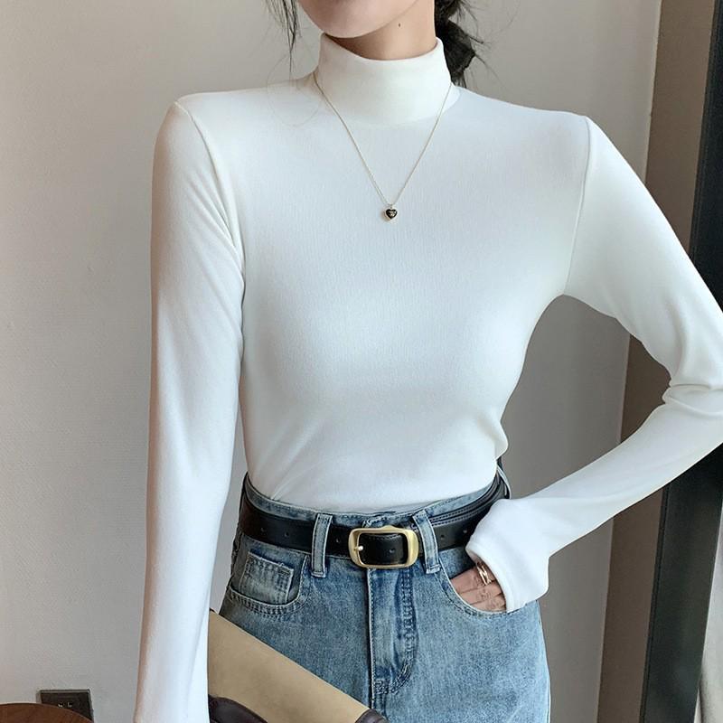 Women's Double-Sided Velvet Slim-Fit Long Sleeve Top - Pure Color, Ideal for Autumn and Winter