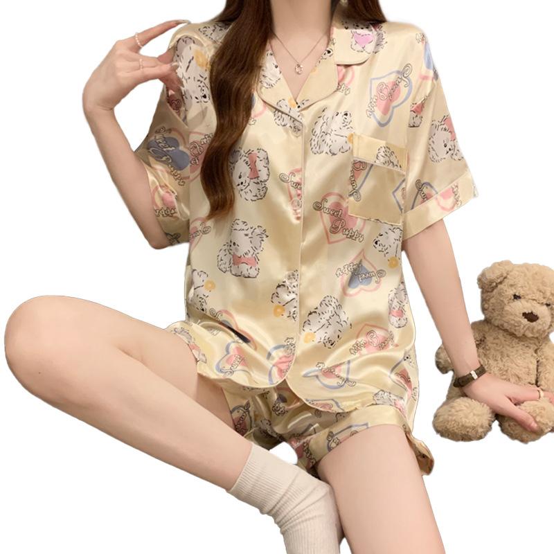Summer Cute Cartoon Puppy Ice Silk Cool Pajamas Women'S Sweet Wind Short-Sleeved Casual Loungewear Set